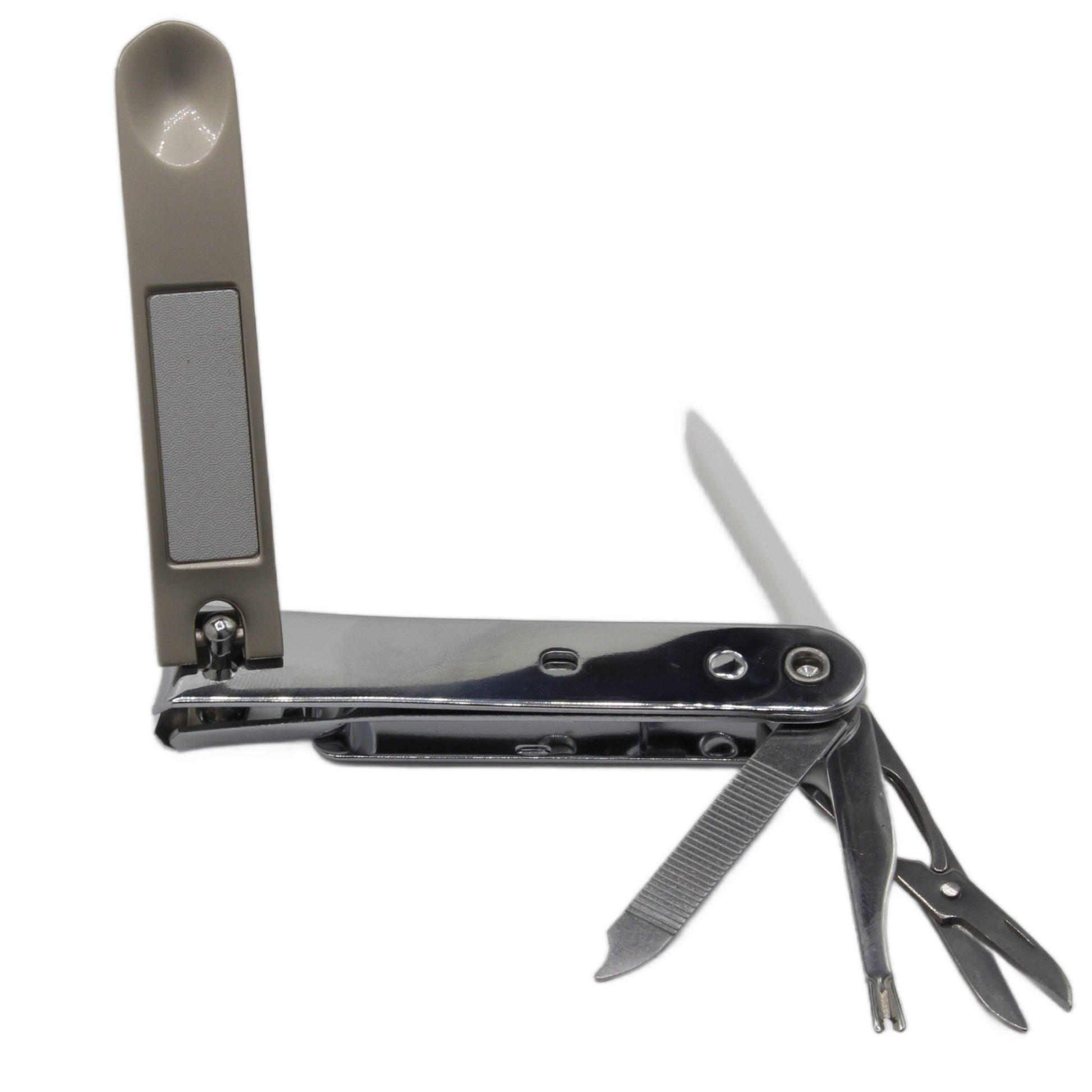 La Cross 7-in-1 Nail Clipper shown with handle upright and all grooming tools extended, including file, scissors, and cuticle trimmer.