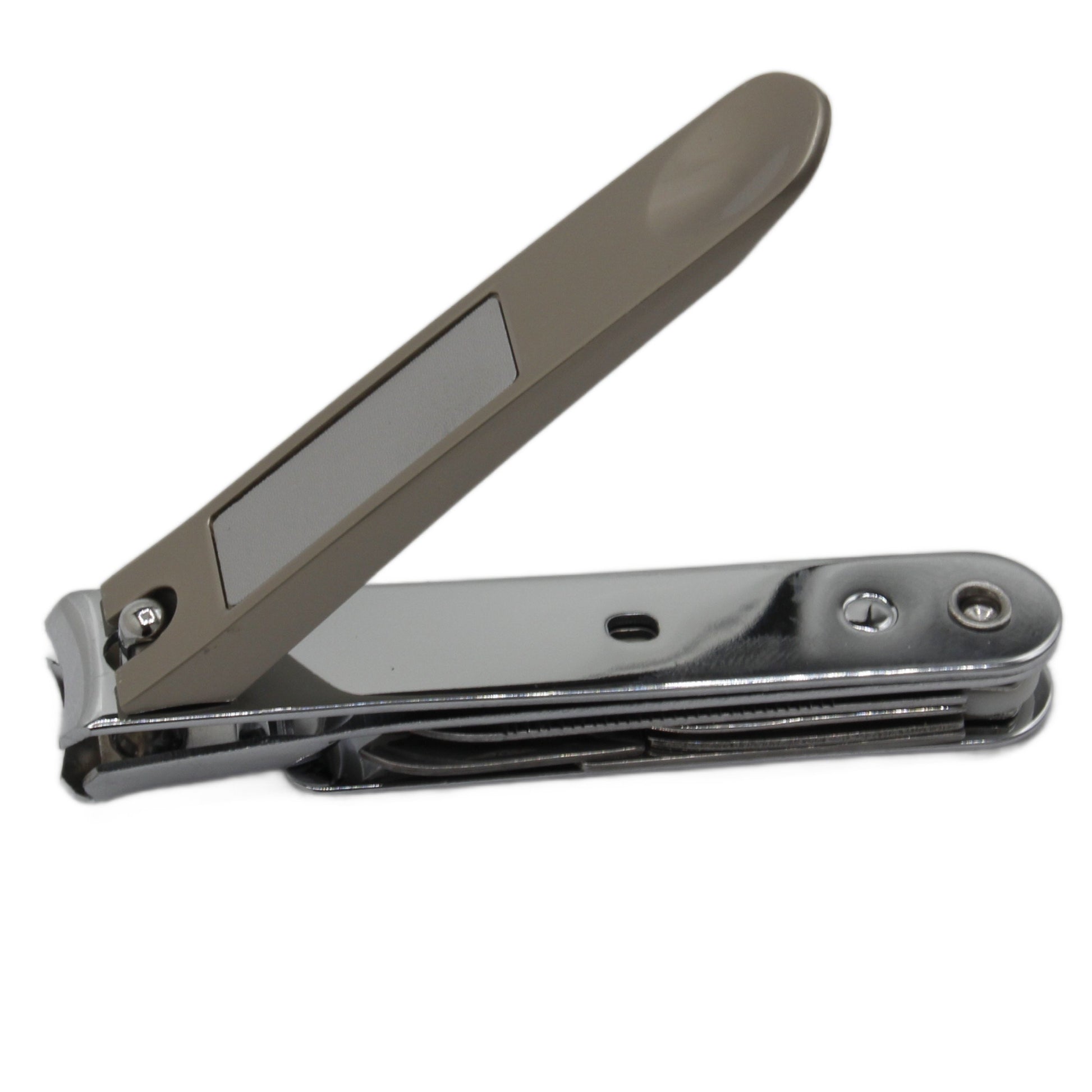 LA Cross Side view of La Cross 7-in-1 Nail Clipper with handle open, showing textured grip and folded tools inside.
