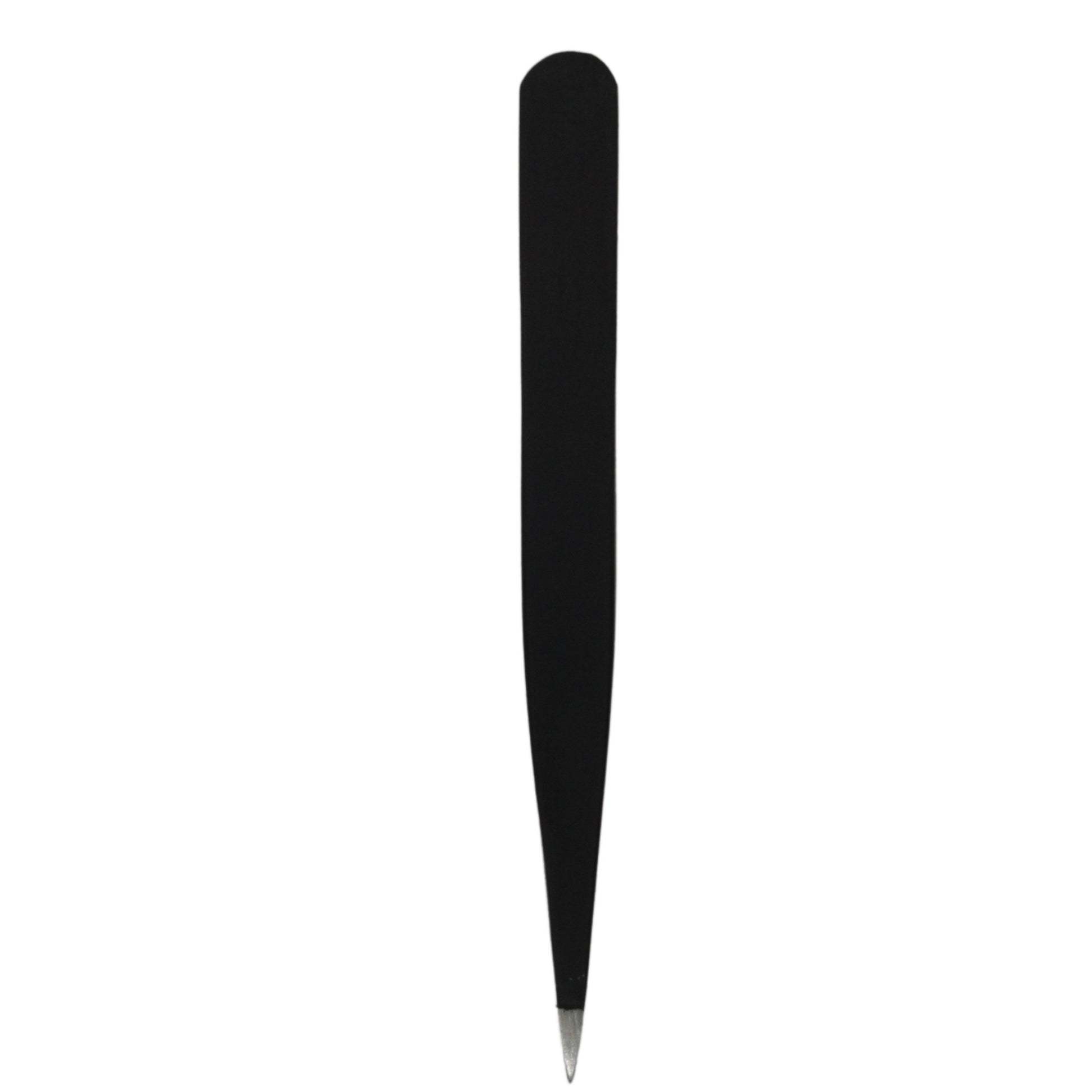 Top-down view of black La Cross pointed tweezer highlighting fine, tapered stainless steel tip