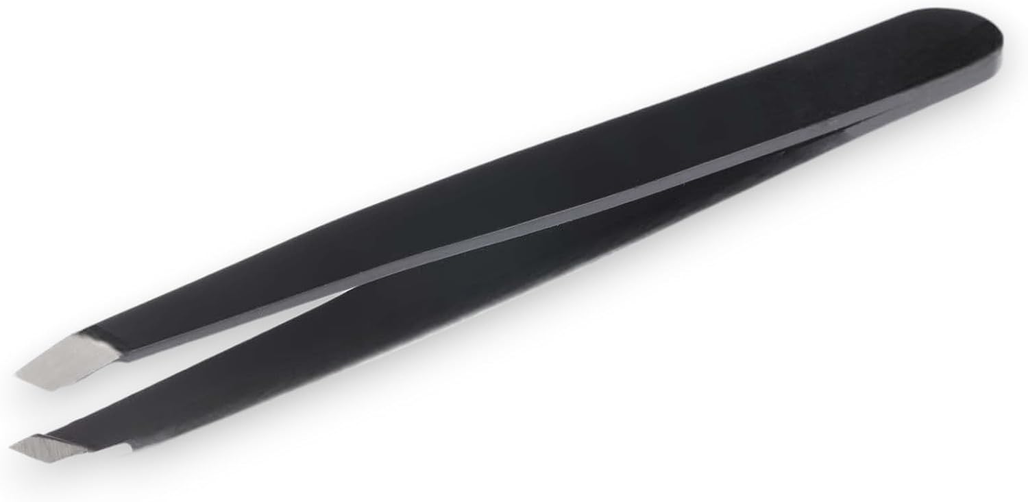 La Cross Expert Slant Tip Tweezer with black powder-coated finish and diamond-ground stainless steel tips on white background