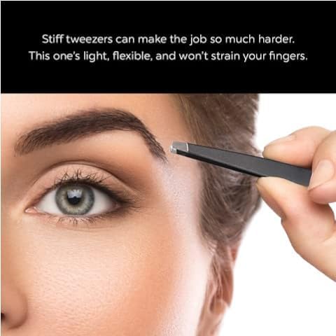 Hand holding La Cross Slant Tip Tweezer, demonstrating ergonomic grip and precision control for eyebrow grooming