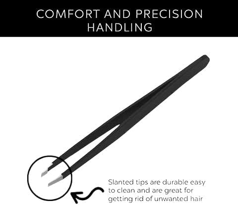 Infographic showing La Cross Expert Slant Tip Tweezer with highlighted slanted tips for comfort, precision handling, and easy hair removal
