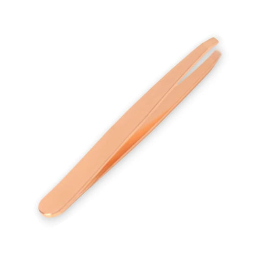 La Cross Rose Gold Slant Tip Tweezers shown at an angle with sleek titanium-coated finish on white background