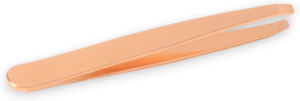 Side view of La Cross Slant Tip Tweezers in rose gold, highlighting slim ergonomic design
