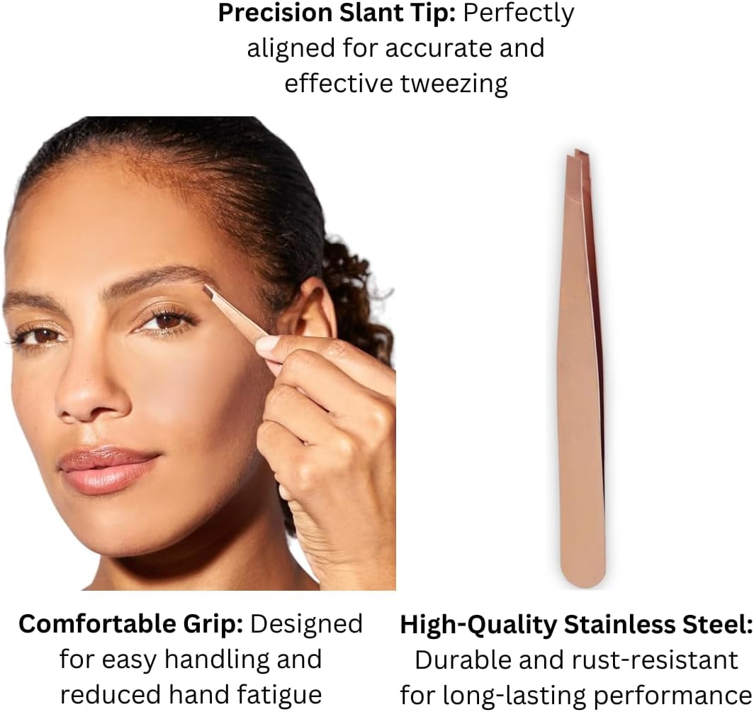 Woman using La Cross Rose Gold Slant Tip Tweezers on eyebrows with product feature callouts