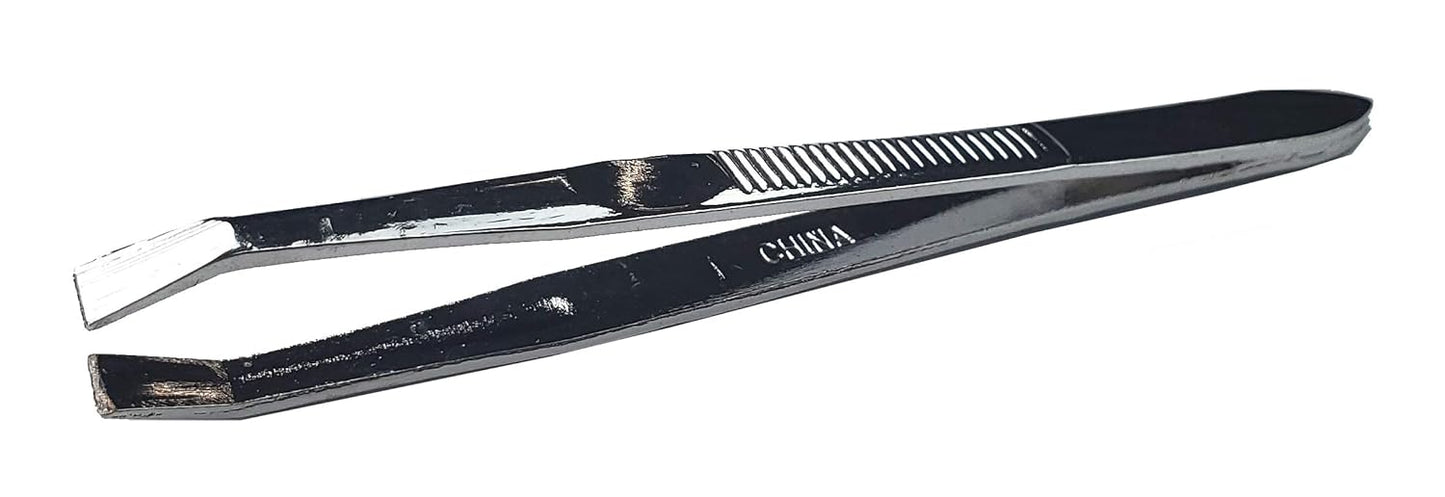 Angled side view of La Cross Straight Tip Tweezer highlighting sleek chrome finish and ergonomic shape