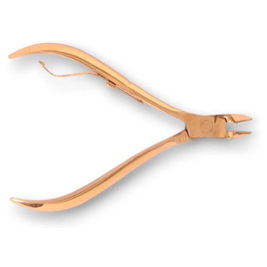 La Cross Rose Gold Cuticle Nipper with ergonomic handles and precision tips shown in full open position.