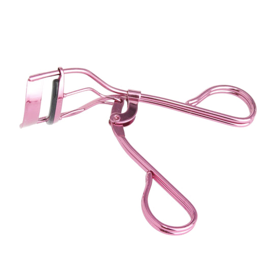 Pink La Cross eyelash curler with ergonomic loop handles and soft silicone pad, shown on a white background.