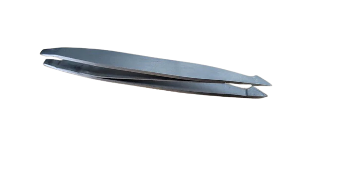 La Cross tweezers shown from a tilted perspective to emphasize ergonomic shape and dual-ended grooming tips