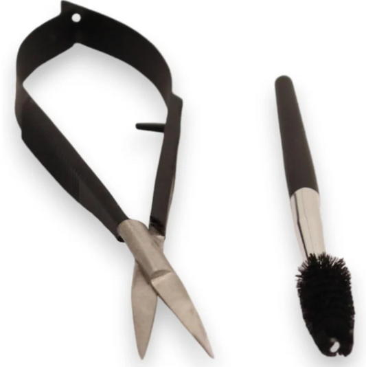 La Cross Easy Squeeze Brow Scissors and eyebrow brush with soft-touch black handles on white background
