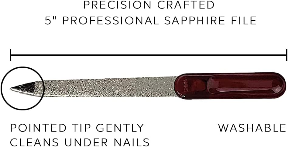 Infographic highlighting features of La Cross 5-inch Sapphire File including precision-crafted surface and pointed tip
