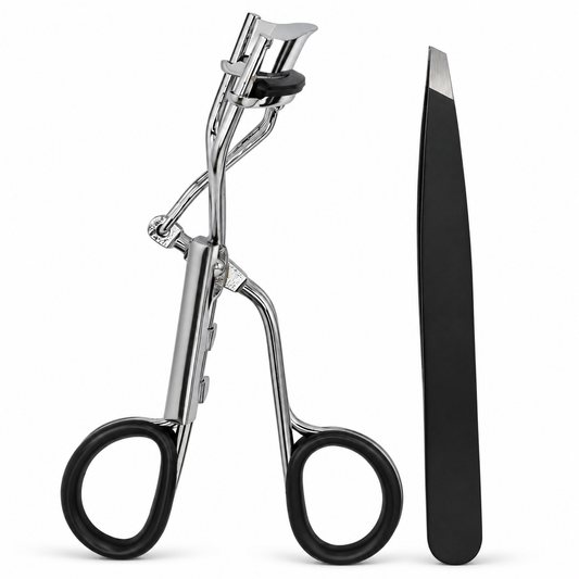 Eyelash Curler & Slant Tweezer Set – Stainless Steel with Refill Pad