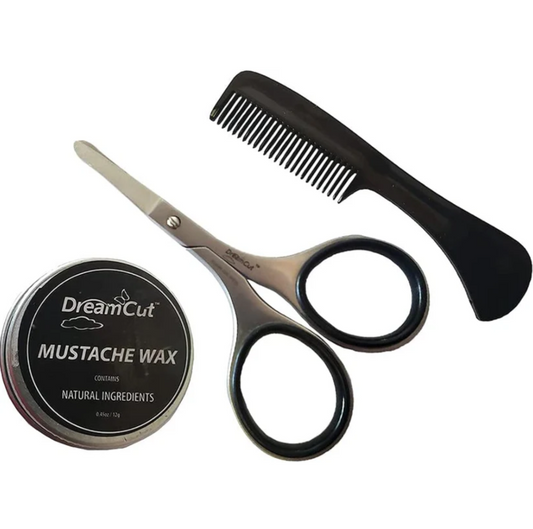 La Cross Men’s Grooming Kit including mustache scissors, black comb, and DreamArt mustache wax on white background