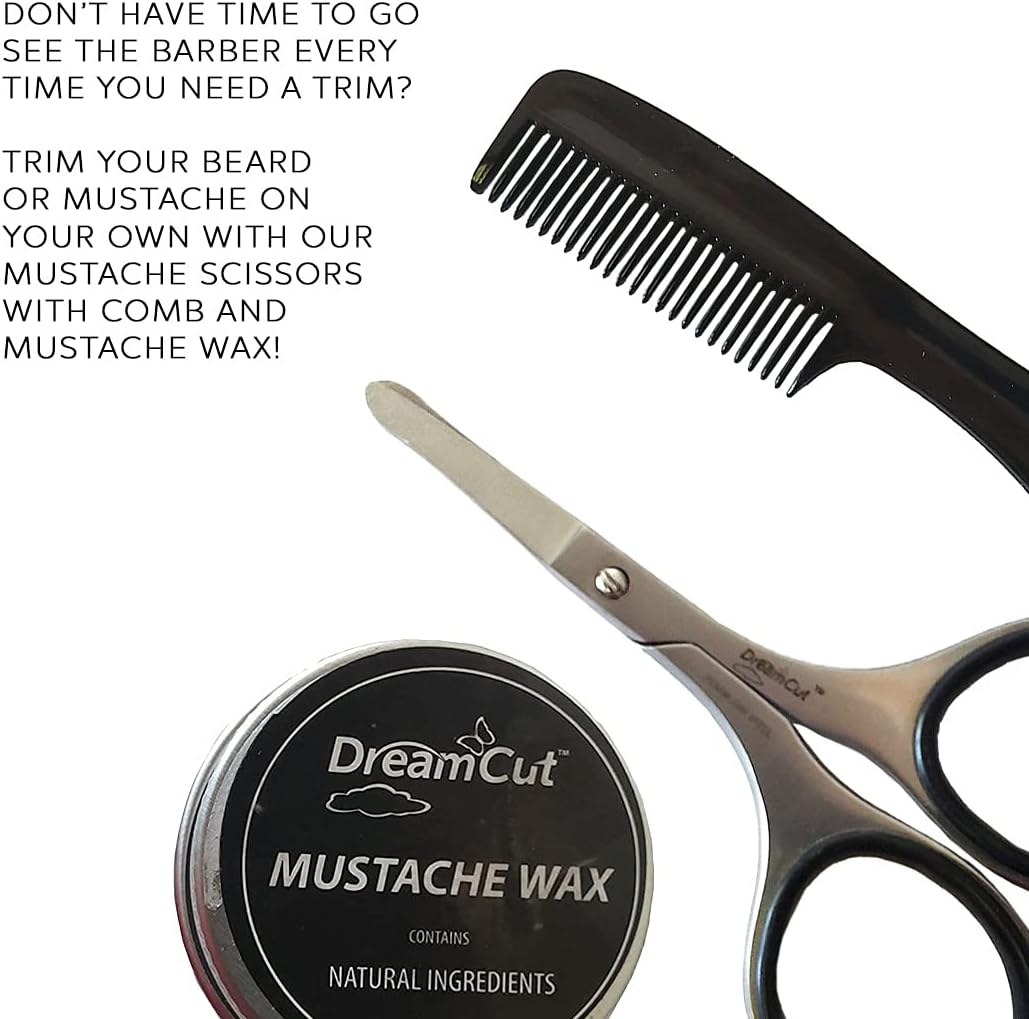Infographic showing La Cross scissors, comb, and mustache wax with text describing grooming benefits