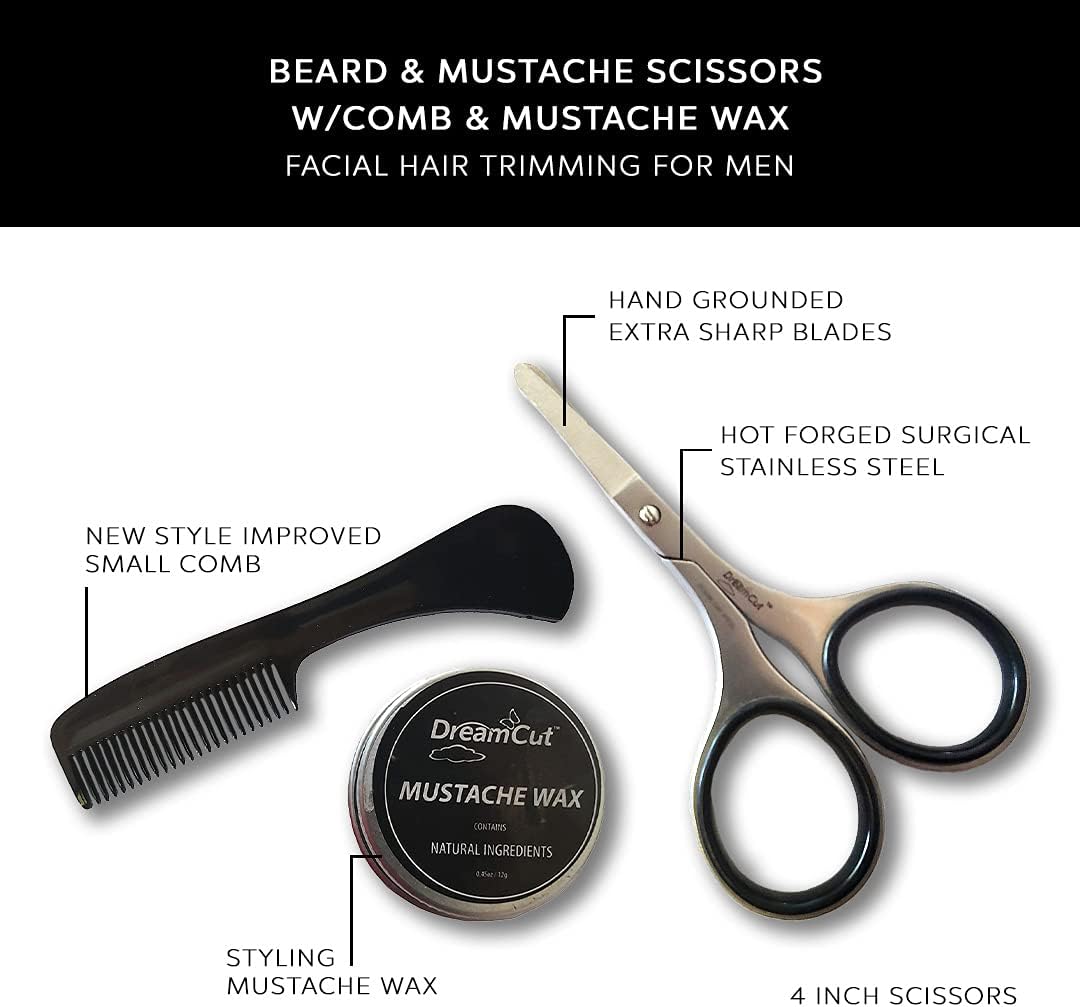La Cross Mustache and Beard Kit displayed with product benefits and grooming instructions in text overlay