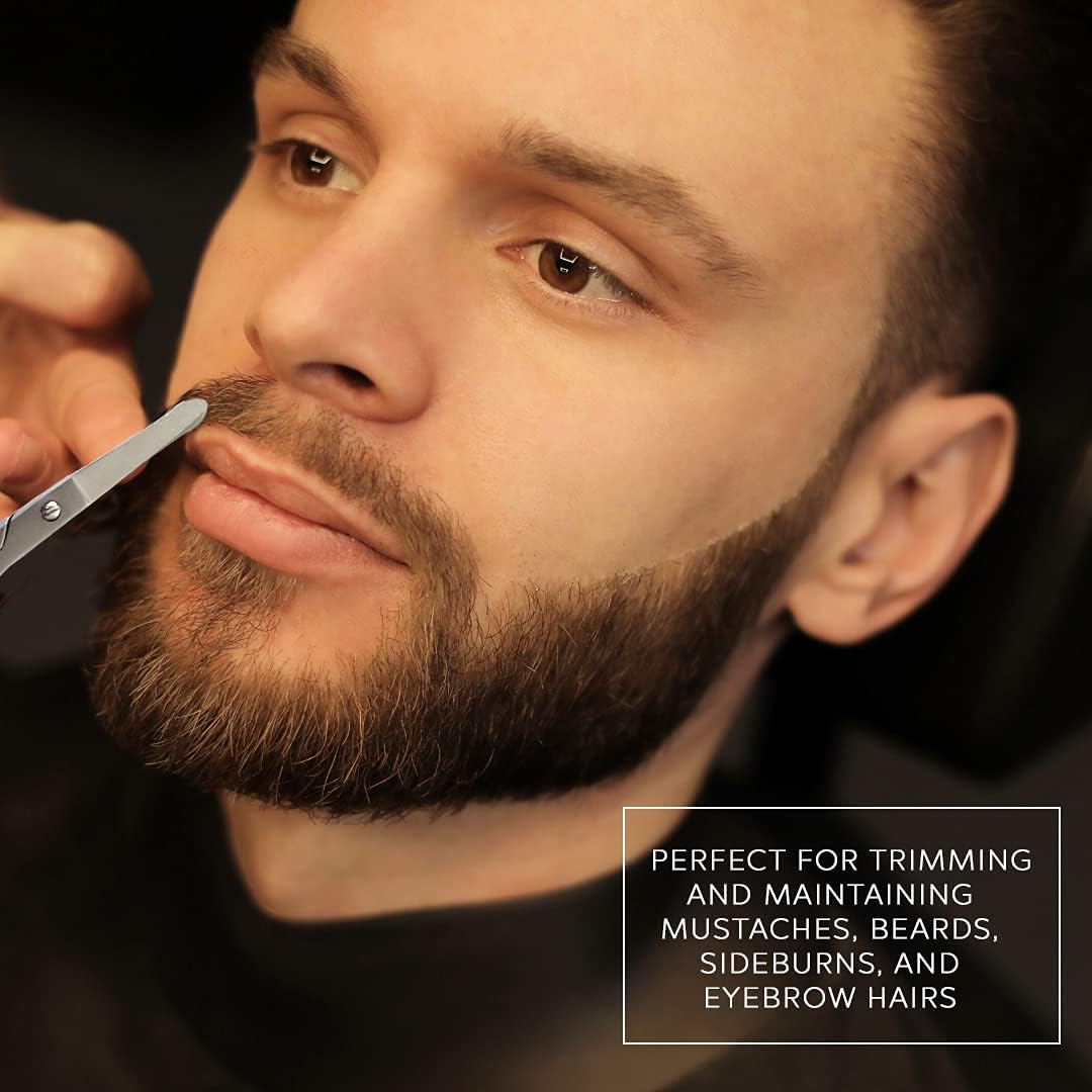 Man trimming mustache with La Cross grooming scissors for precise facial hair styling