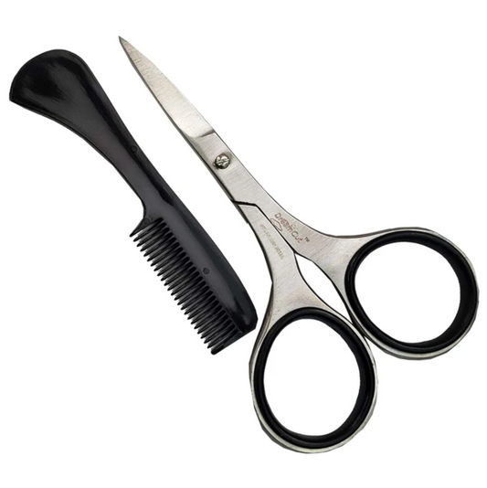 La Cross Men's Mustache and Beard Scissors with black handle and compact grooming comb on white background