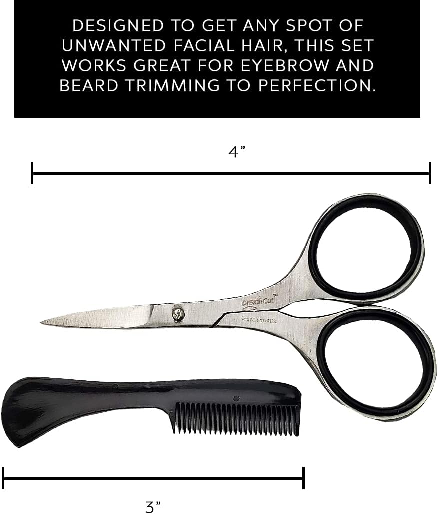Infographic showing dimensions of La Cross scissors and comb, highlighting comfort grip and stainless steel build