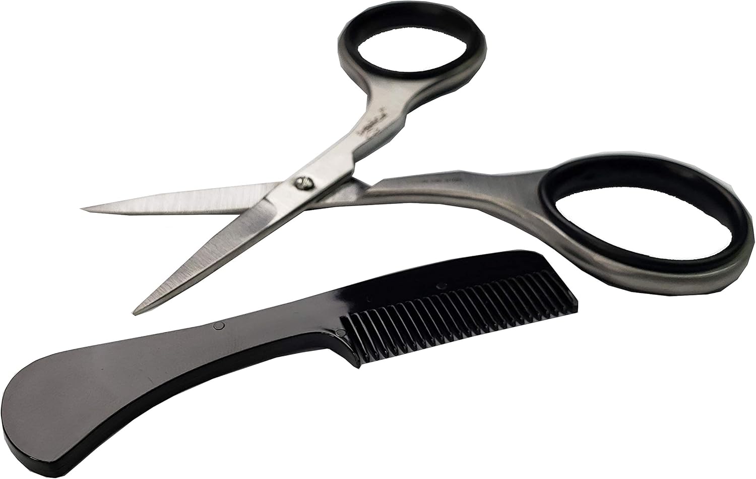 Side angle of La Cross stainless steel grooming scissors and ergonomic black facial hair comb