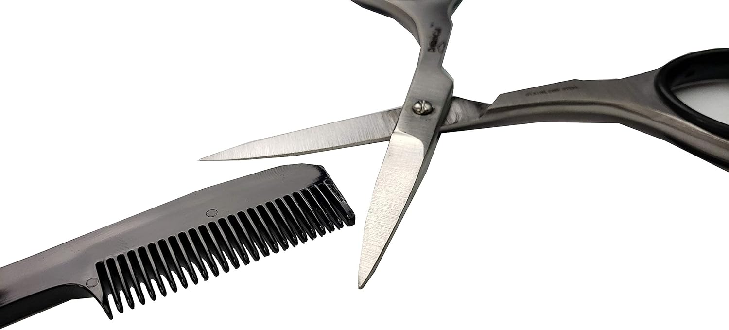 Close-up of La Cross scissors positioned on comb, showing sharp blades and precision grooming detail