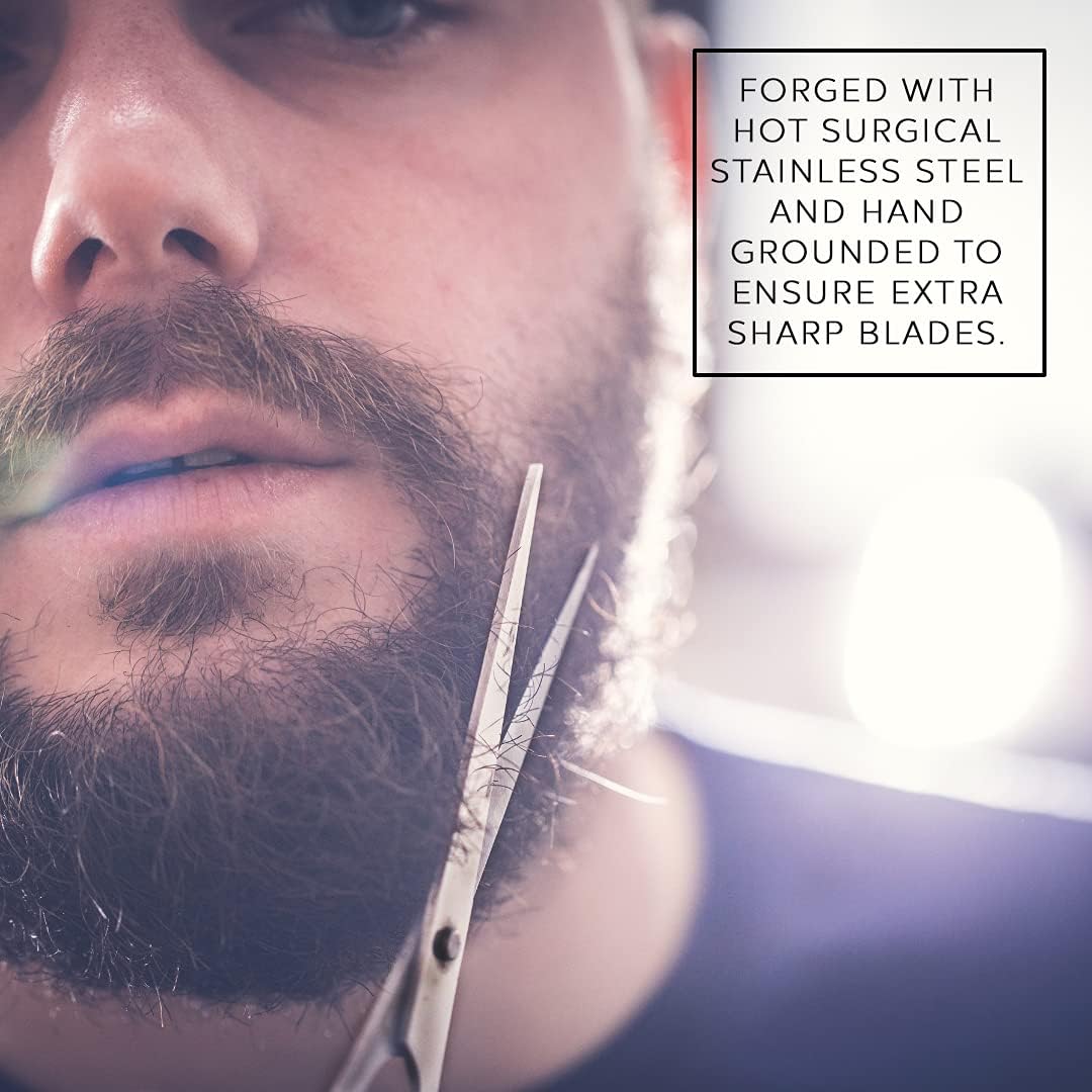 Man using La Cross scissors to trim beard, demonstrating real-life grooming application for facial hair maintenance