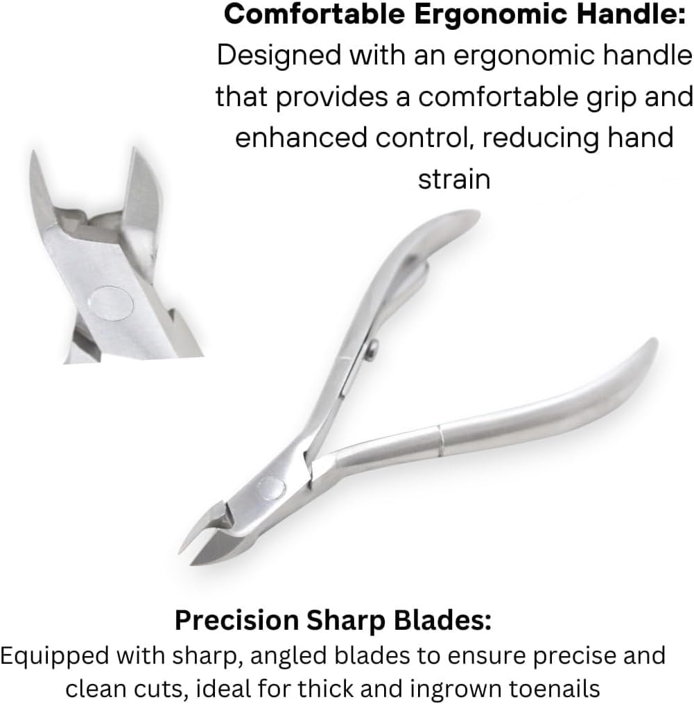 Infographic showing La Cross Cuticle Nipper with labeled ergonomic handle, smooth spring action, and durable stainless steel construction