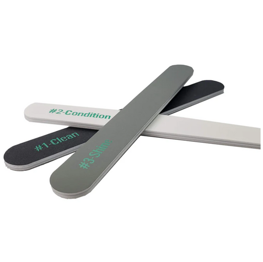 La Cross 3-step nail buffer set labeled Clean, Condition, and Shine for natural nail grooming