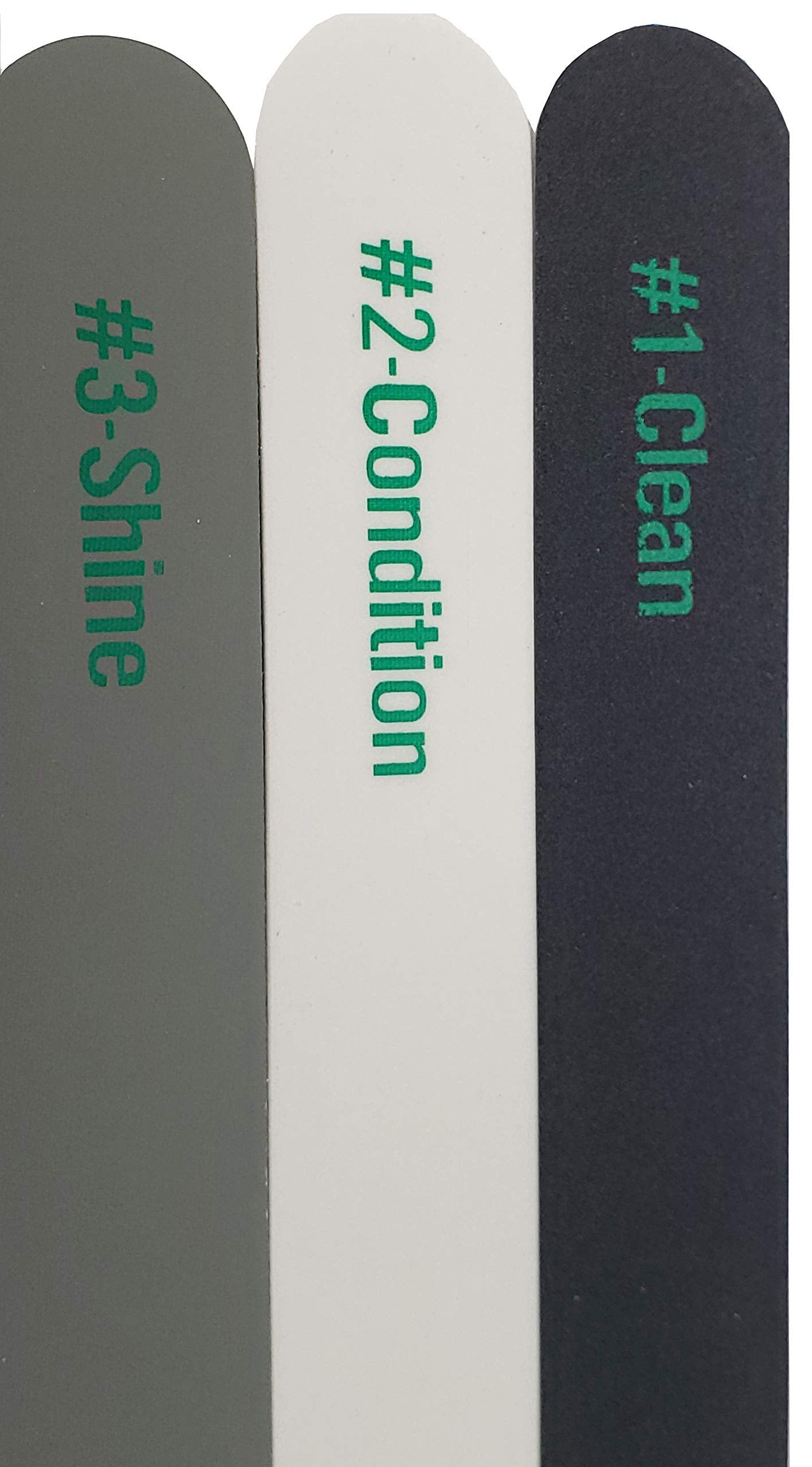 Close-up of La Cross nail buffers with step-by-step labels for filing, conditioning, and polishing