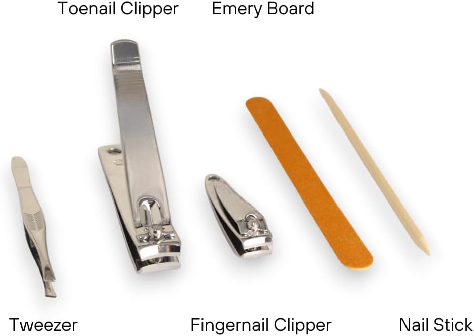 La Cross grooming kit tools labeled individually for identification – toenail clipper, fingernail clipper, tweezer, emery board, and nail stick