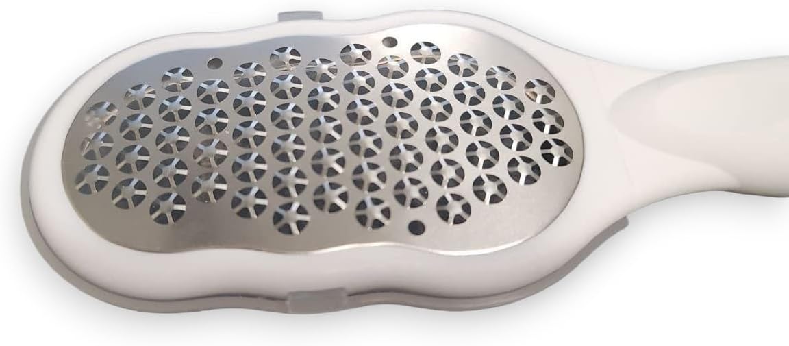 Close-up of La Cross stainless steel foot rasp head showing precision grating texture for callus removal