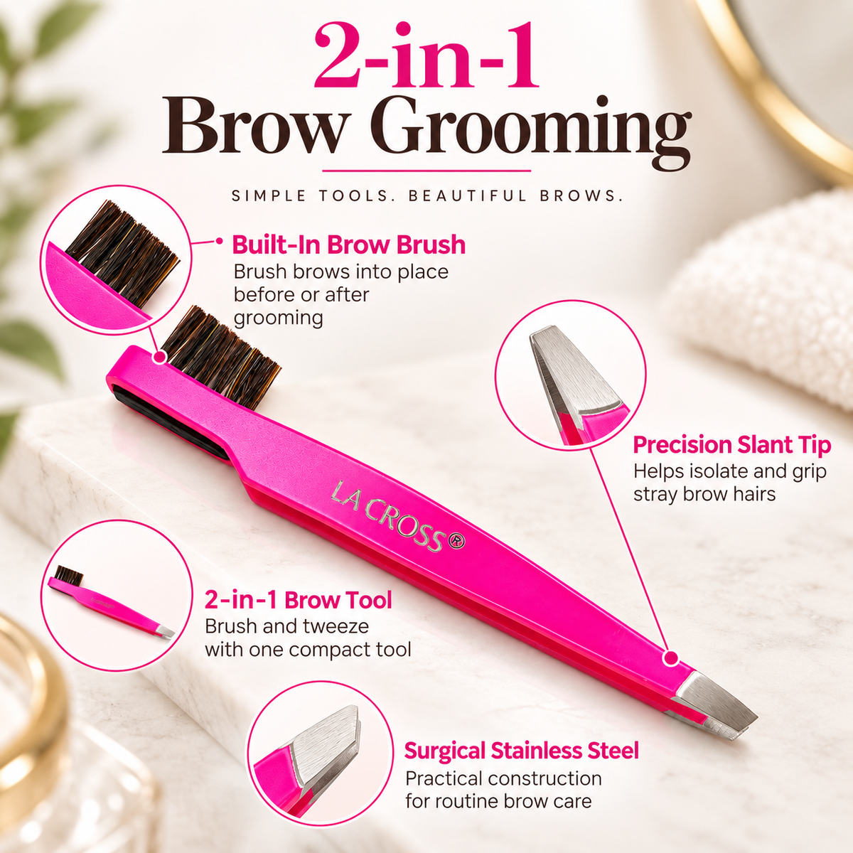 Slant Tip Tweezer with Brow Brush – 2-in-1 Eyebrow Grooming Tool