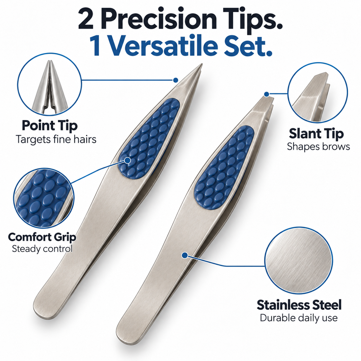Slant & Point Tip Tweezer Set – 2 Pack Stainless Steel Comfort Grip