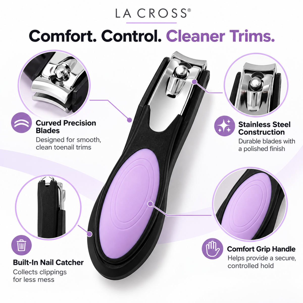 Toenail Clipper with Catcher – Comfort Grip, Curved Stainless Steel Blades