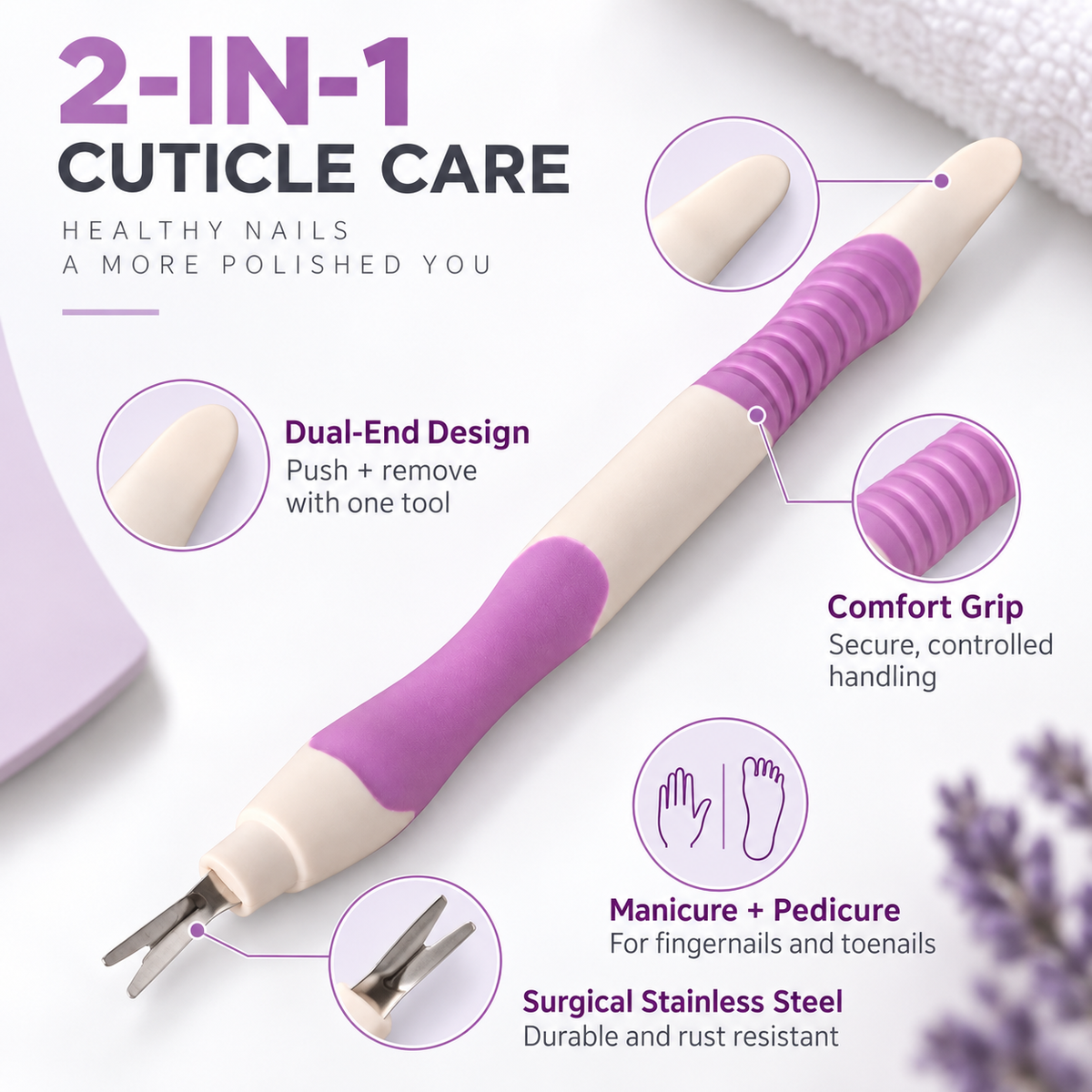 Dual-End Cuticle Remover & Pusher – Comfort Grip Surgical Stainless Steel