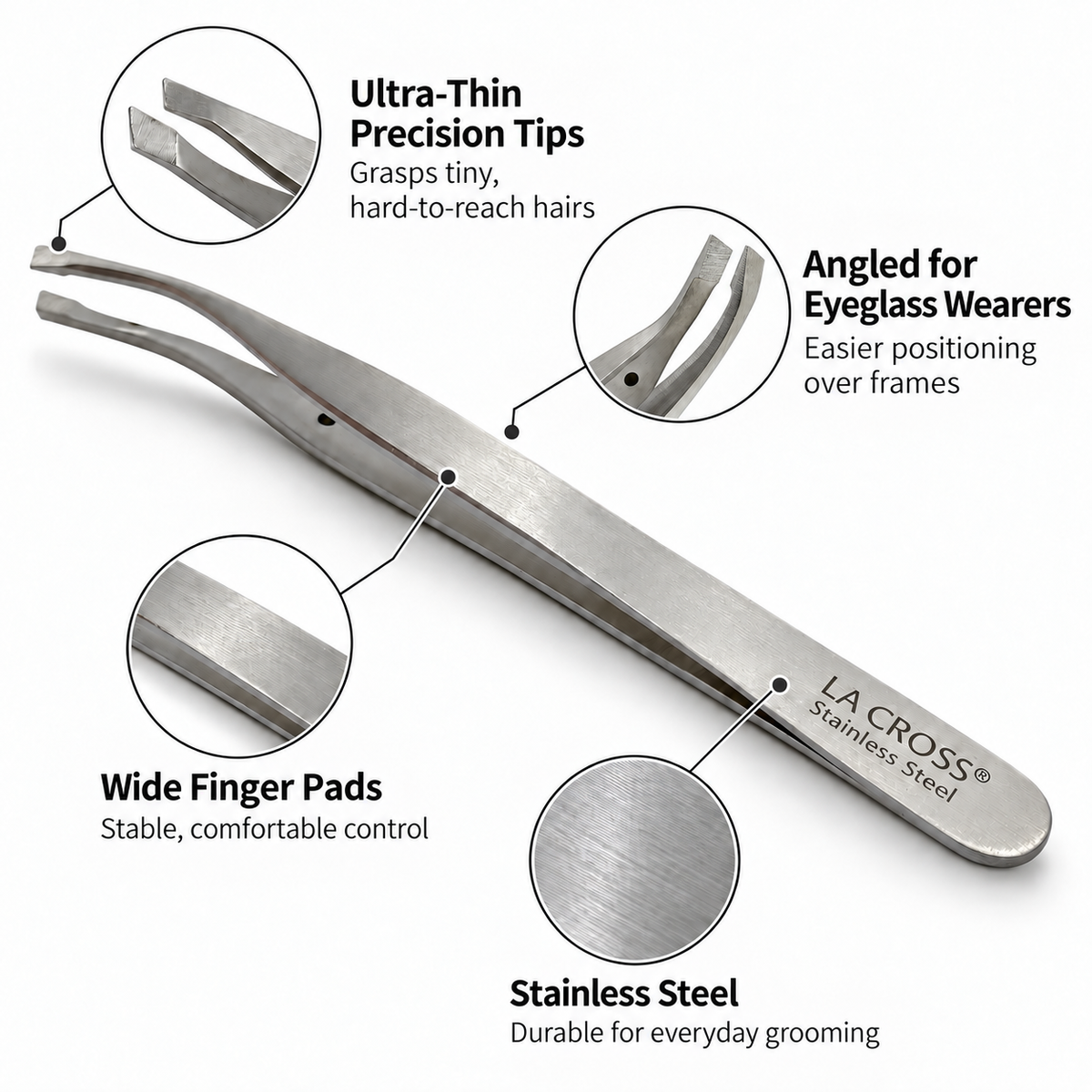 Angled Tip Tweezer for Eyeglass Wearers – Stainless Steel Brow Tweezer