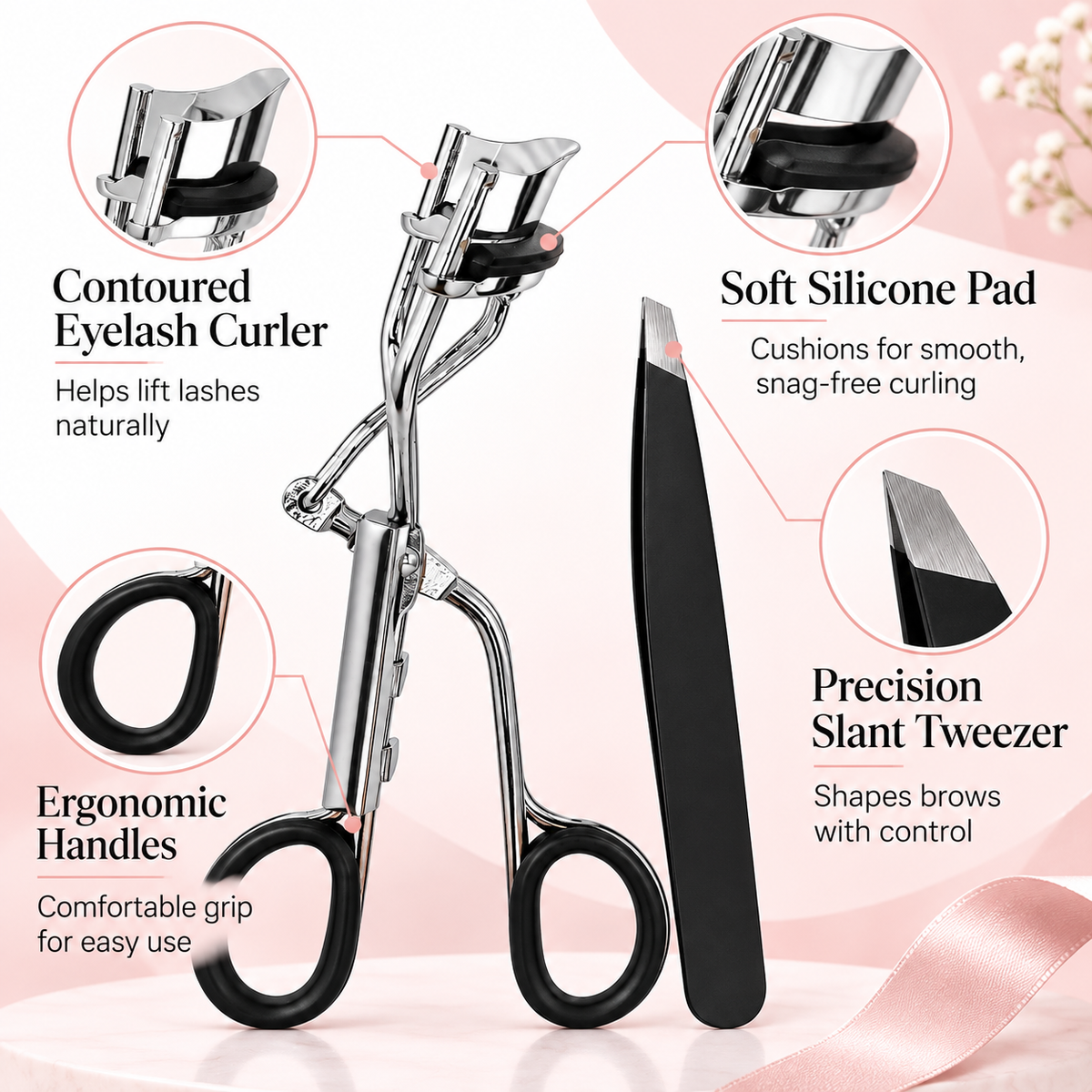 Eyelash Curler & Slant Tweezer Set – Stainless Steel with Refill Pad