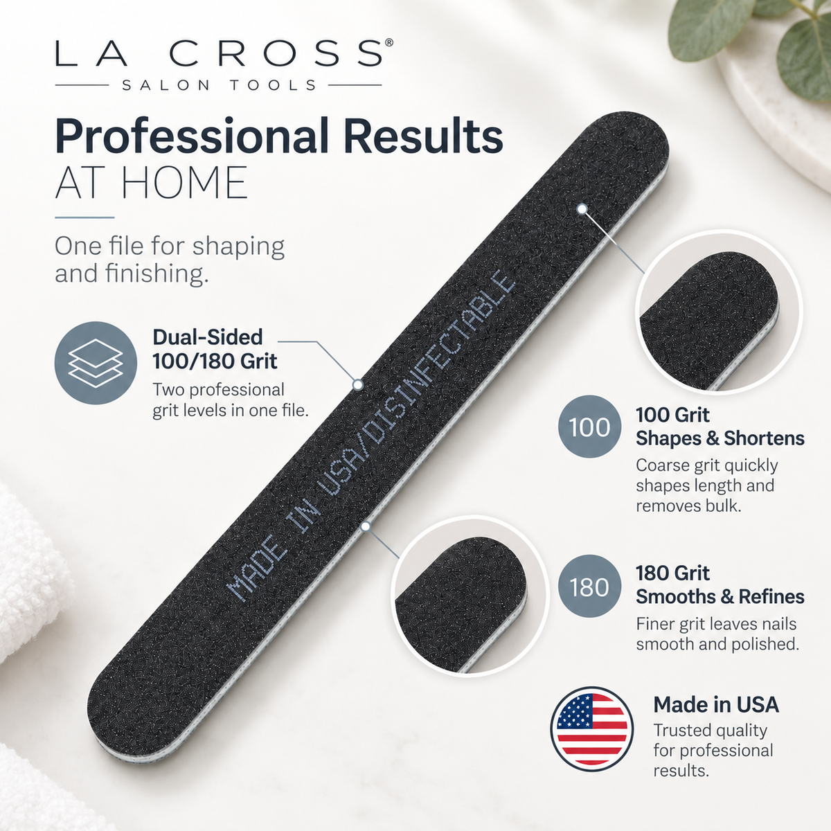 Salon Board Nail File – Dual-Sided 100/180 Grit, Made in USA