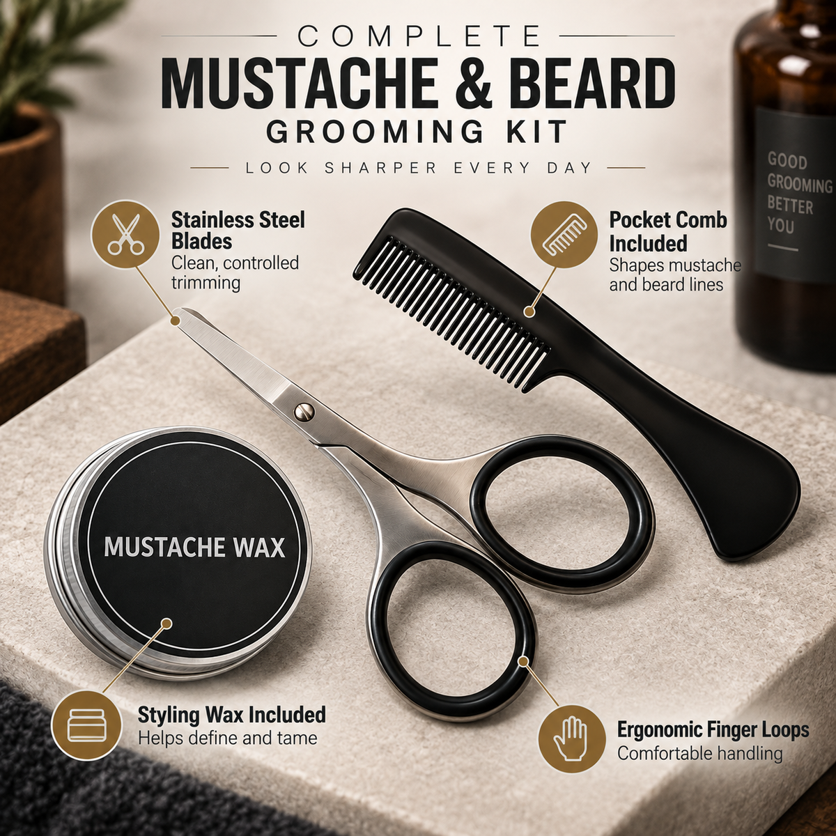 Mustache & Beard Grooming Kit – Scissors, Comb & Styling Wax