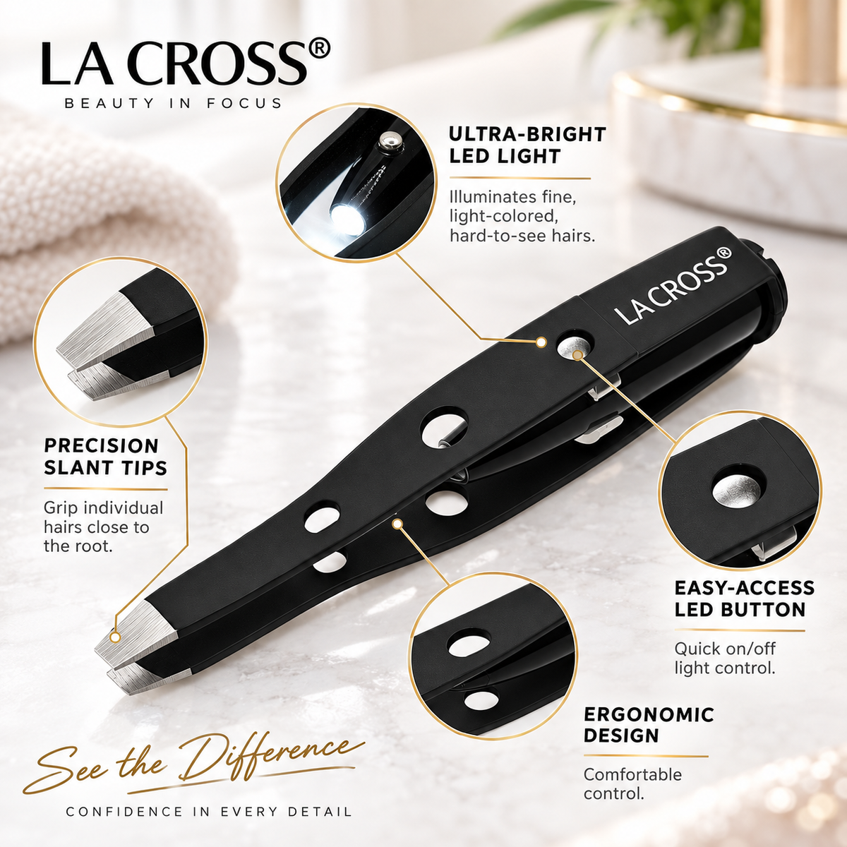 LED Light Slant Tip Tweezer – Illuminated Eyebrow Grooming Tool