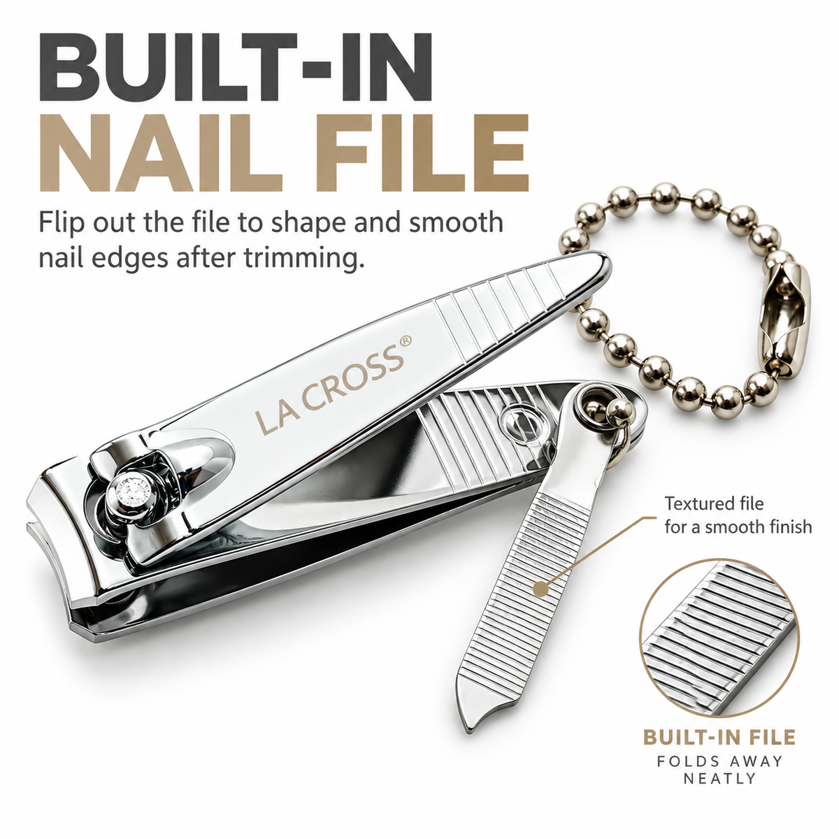 Fingernail Clipper with Nail File & Chain – Carbon Steel Nail Cutter