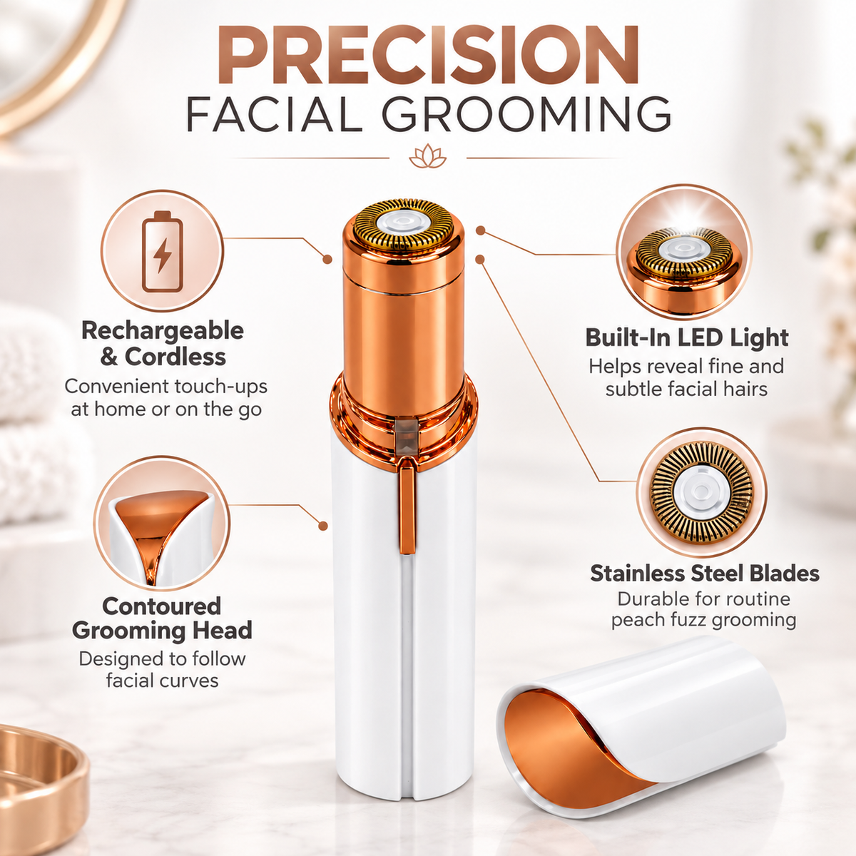 Facial Hair Remover for Women – Rechargeable LED Tool for Peach Fuzz