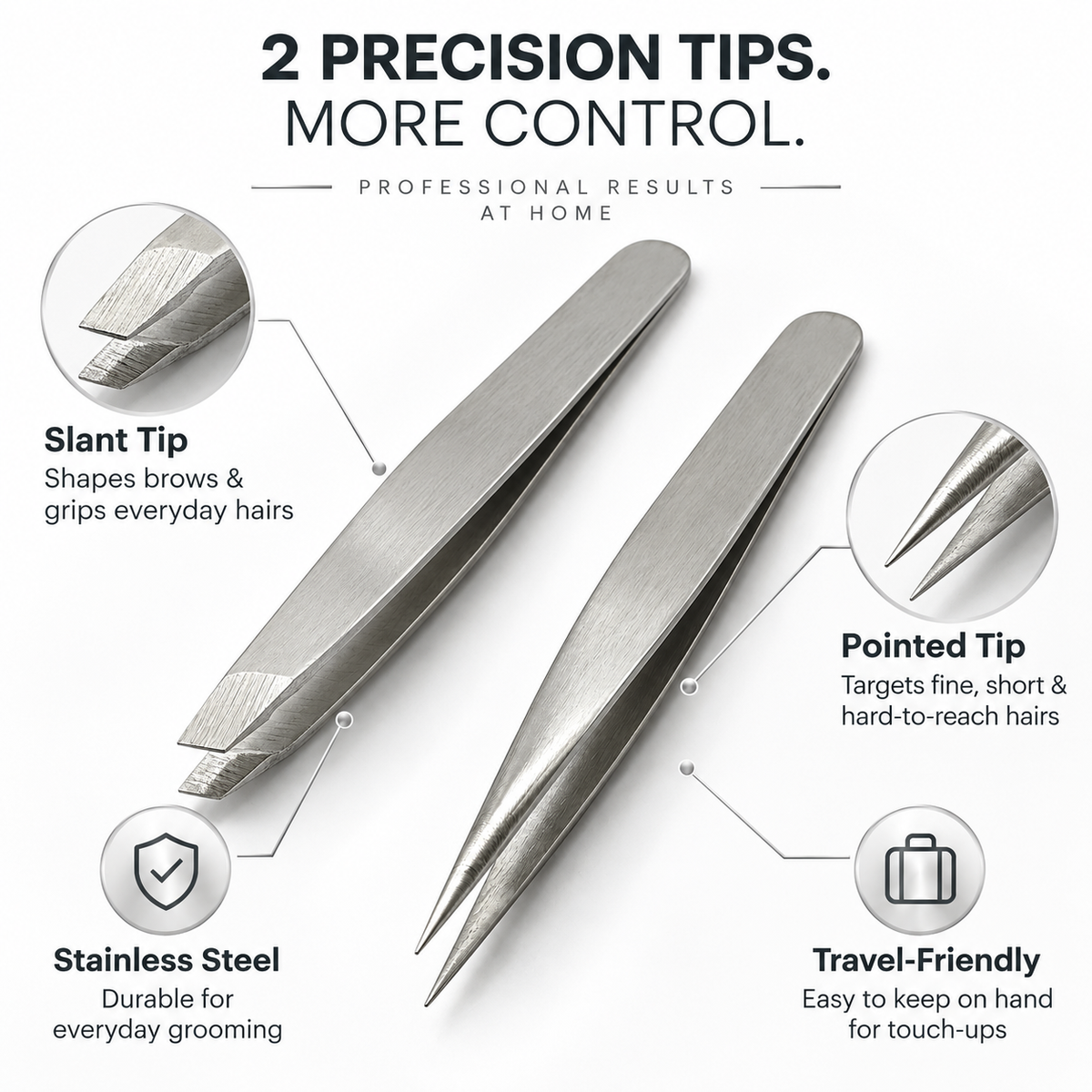 Slant & Pointed Tip Tweezer Set – 2 Pack Stainless Steel Precision Tweezers
