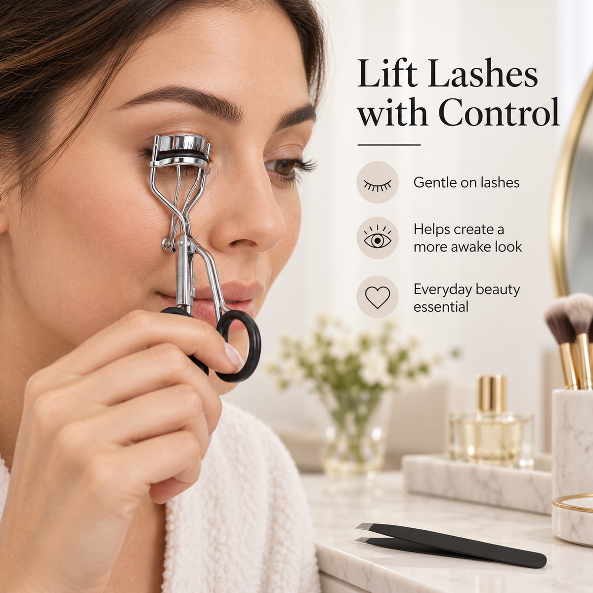 Eyelash Curler & Slant Tweezer Set – Stainless Steel with Refill Pad