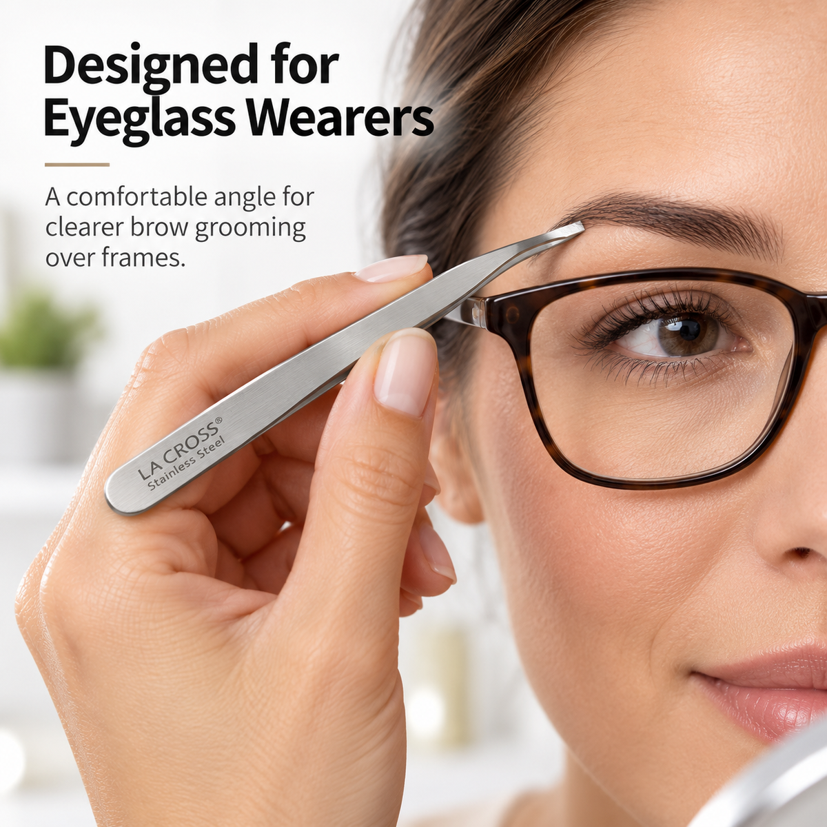 Angled Tip Tweezer for Eyeglass Wearers – Stainless Steel Brow Tweezer