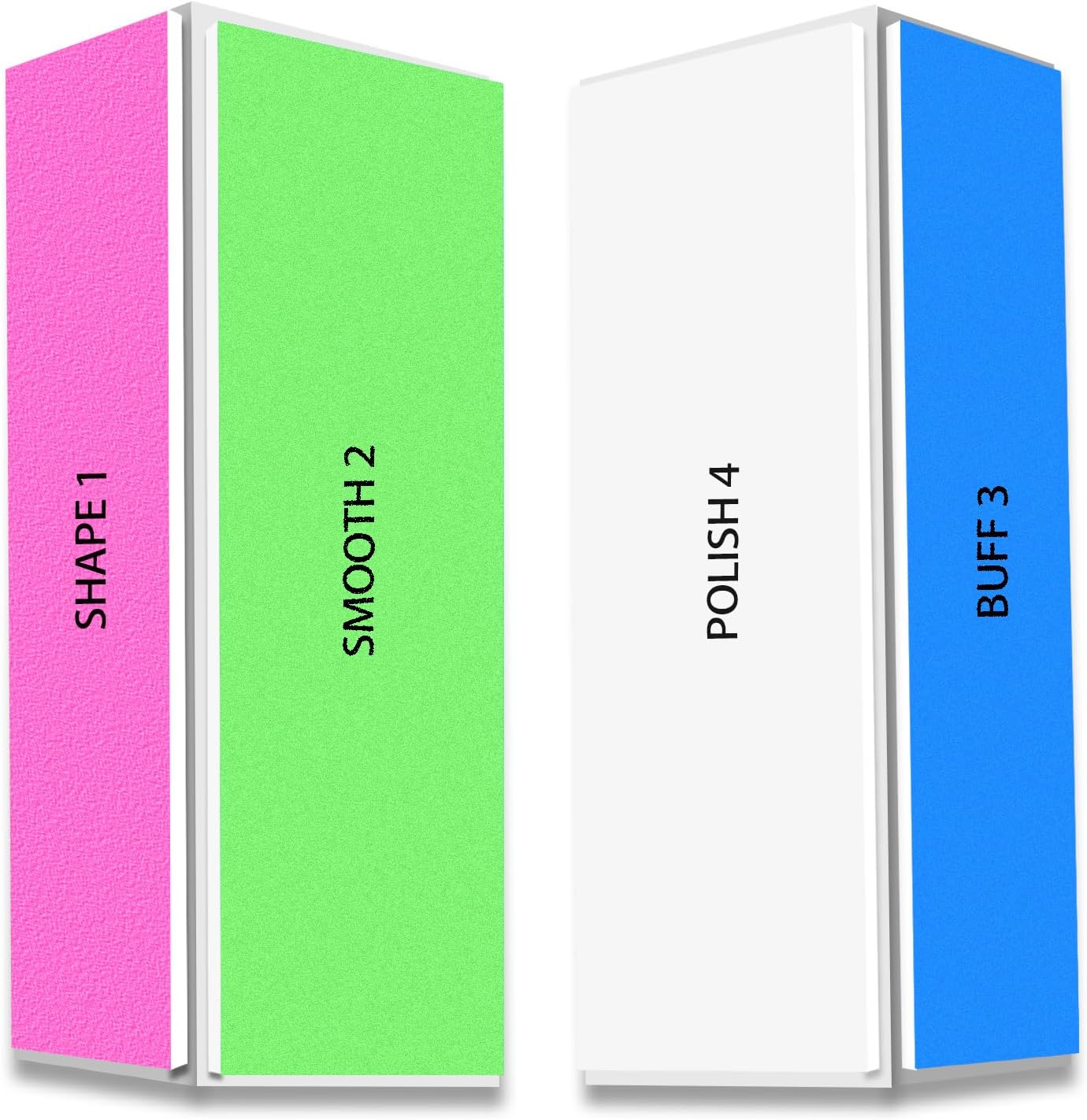 La Cross 4-Way Nail Buffing Block with labeled sides: Shape 1 (pink), Smooth 2 (green), Buff 3 (blue), and Polish 4 (white) for complete nail care