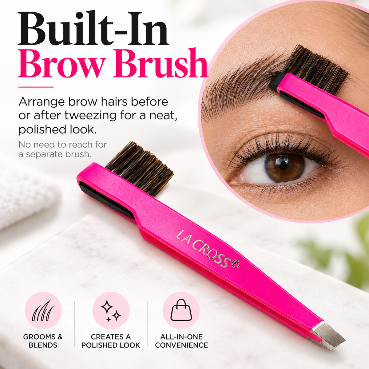 Slant Tip Tweezer with Brow Brush – 2-in-1 Eyebrow Grooming Tool