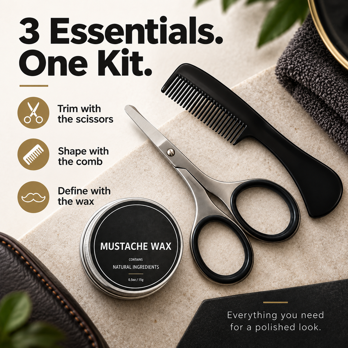 Mustache & Beard Grooming Kit – Scissors, Comb & Styling Wax