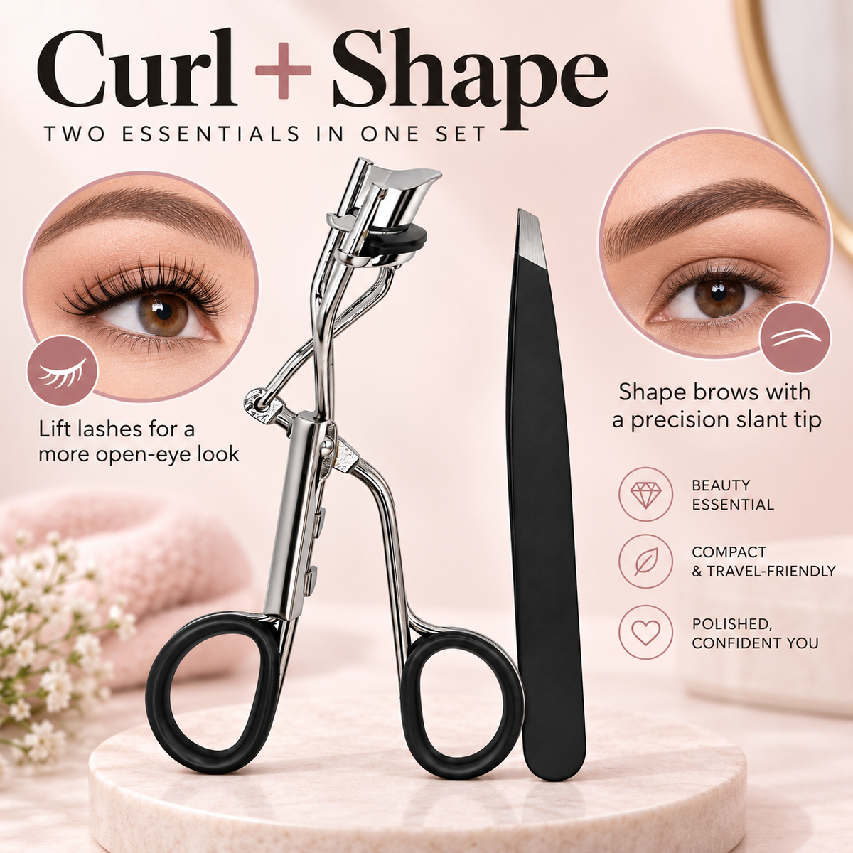 Eyelash Curler & Slant Tweezer Set – Stainless Steel with Refill Pad