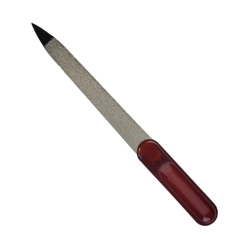 La Cross 5-inch Sapphire Nail File with pointed tip and maroon handle on white backgroun