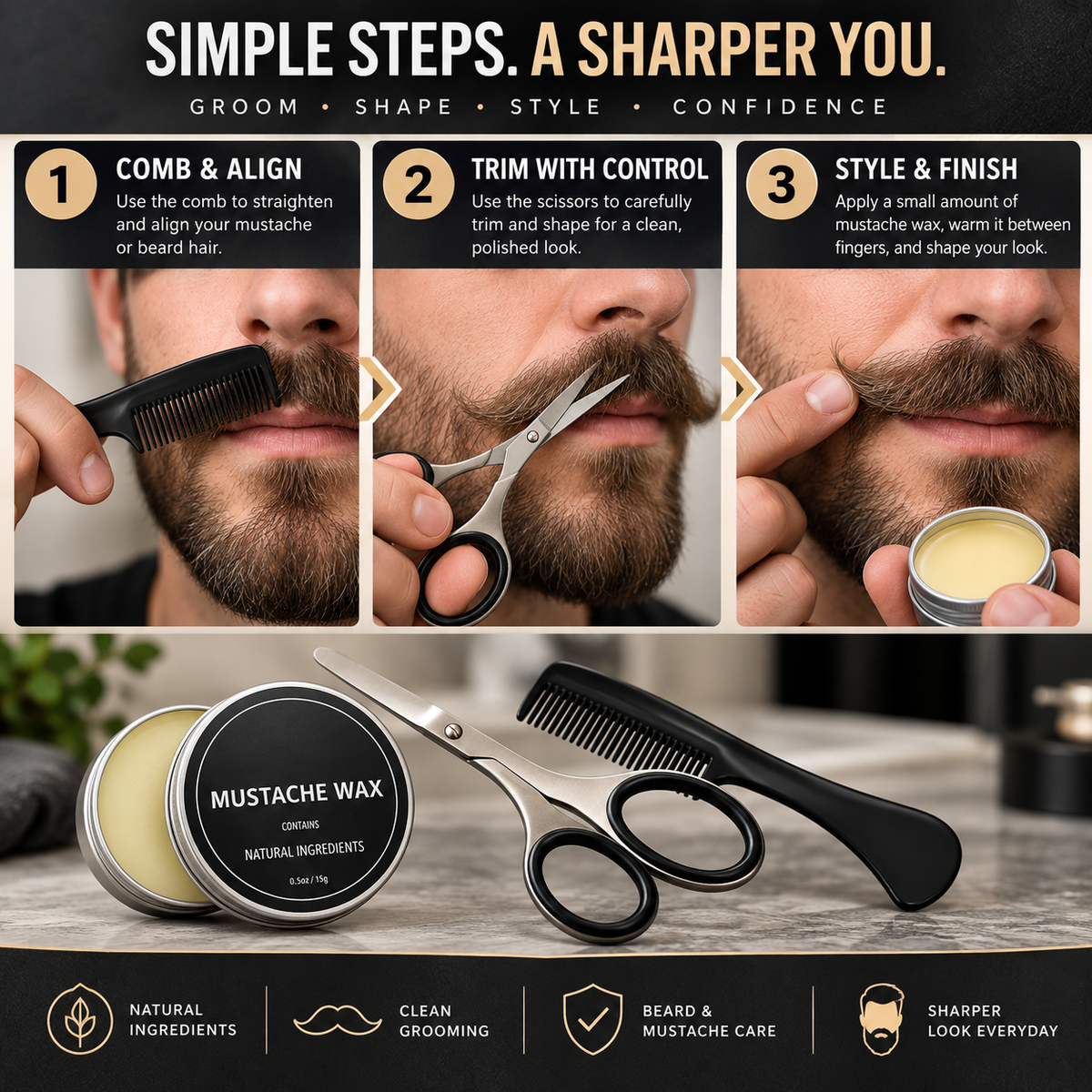 Mustache & Beard Grooming Kit – Scissors, Comb & Styling Wax